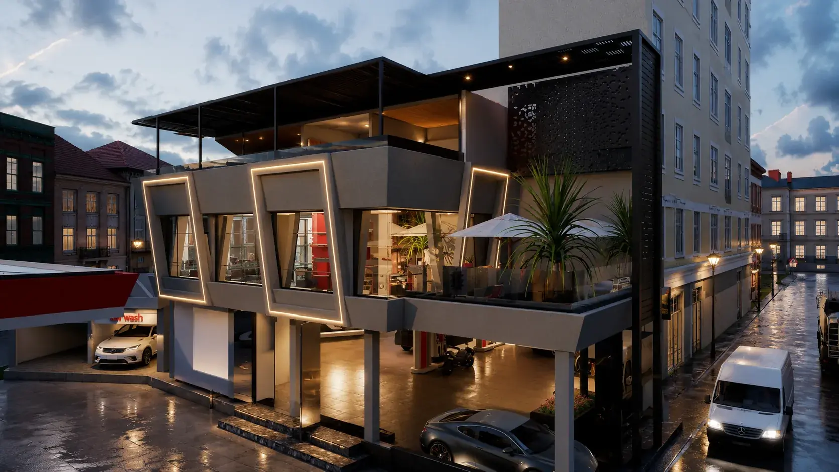Minimalist service station steel canopy perspective design by Khalil Grouz
