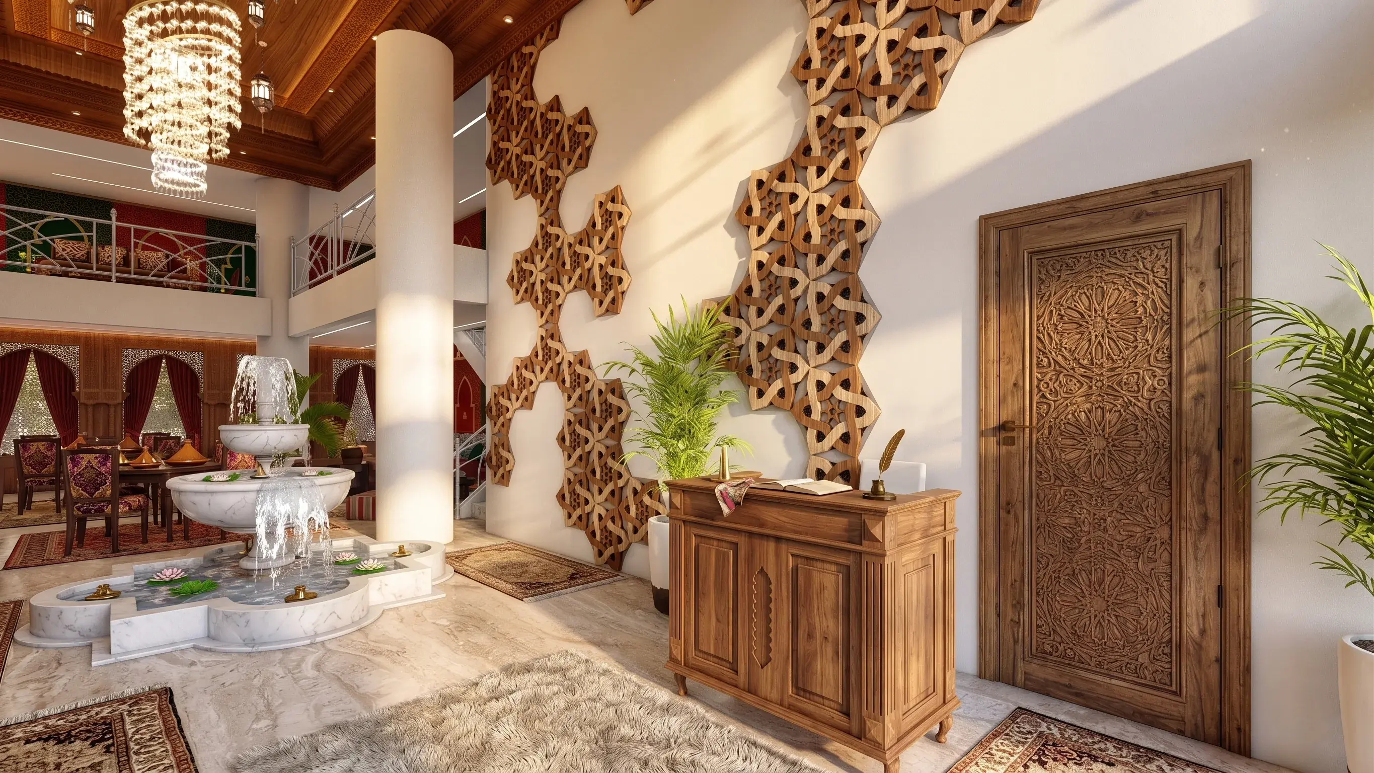 Moroccan Salon authentic seating and traditional hand-carved wood detail by Khalil Grouz