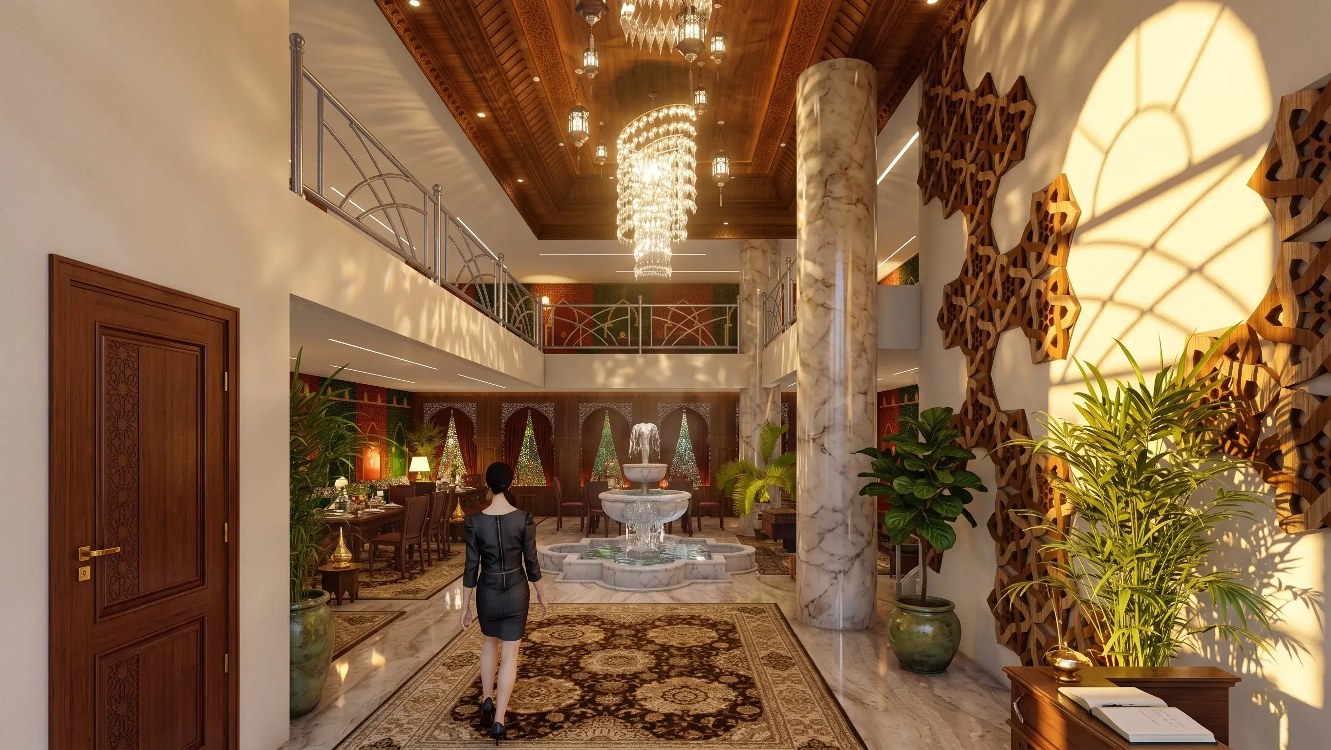 Alternate interior visualization perspective of Moroccan Salon seating layout by Khalil Grouz